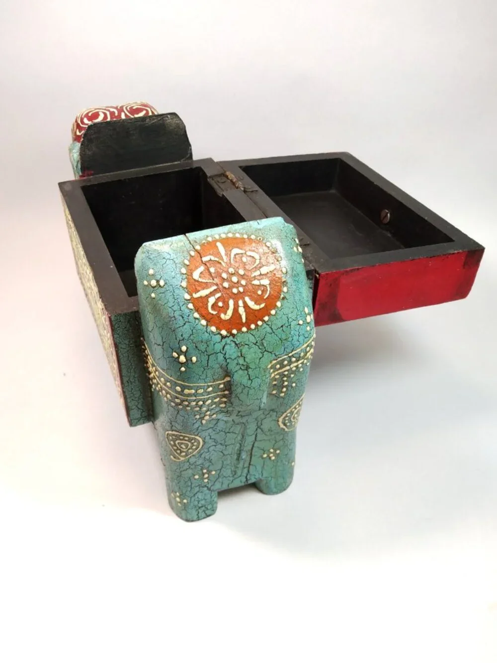 Hand Painted Wooden Elephant Jewelry Trinket Storage Box